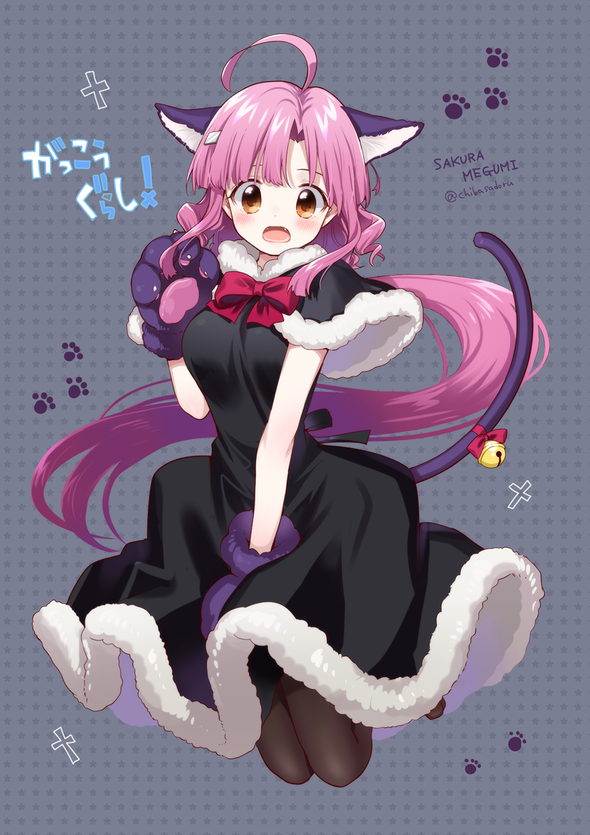 1girl ahoge animal_ear_fluff animal_ears animal_hands bangs bell black_capelet black_dress black_legwear black_ribbon blunt_bangs blunt_tresses blush bow bowtie brown_eyes capelet cat_ears cat_girl cat_paws cat_tail character_name chiba_sadoru copyright_name d: dark_background dress dress_tug fake_animal_ears fake_tail fangs floating_hair fur-trimmed_capelet fur-trimmed_dress fur_trim gakkou_gurashi! gloves grey_background hair_intakes hair_ornament hairclip halloween halloween_costume hand_up highres jingle_bell jumping legs_together legs_up light_brown_eyes long_hair looking_at_viewer low_ponytail medium_dress official_art open_mouth pantyhose parted_bangs paw_gloves paw_print pink_hair red_bow red_bowtie ribbon ringlets sakura_megumi sidelocks solo tail tail_bell tail_bow tail_ornament tail_raised tareme teeth twitter_username very_long_hair