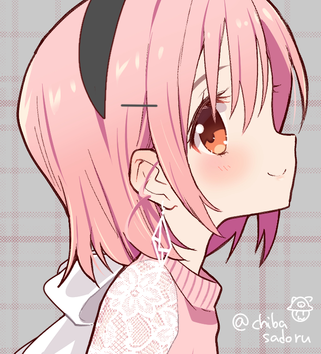 1girl artist_logo bangs black_hairband blush chiba_sadoru close-up closed_mouth earrings eyelashes face from_side gakkou_gurashi! grey_background hair_behind_ear hair_ornament hair_ribbon hairband hairclip jewelry lace light_brown_eyes looking_at_viewer looking_to_the_side official_art older pink_hair plaid plaid_background portrait profile ribbon sideways_glance sideways_mouth signature smile solo spoilers takeya_yuki tareme twitter_username white_ribbon