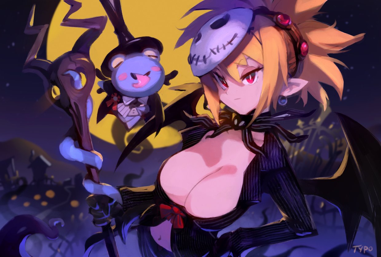 1girl artist_name bangs bat_wings blonde_hair breasts cleavage commentary disgaea earrings english_commentary full_moon hair_between_eyes halloween hand_on_hip holding holding_staff jewelry large_breasts long_sleeves makai_senki_disgaea_2 mask mask_on_head moon navel night optionaltypo pointy_ears red_eyes rozalin spiked_hair staff tink_(disgaea) wings