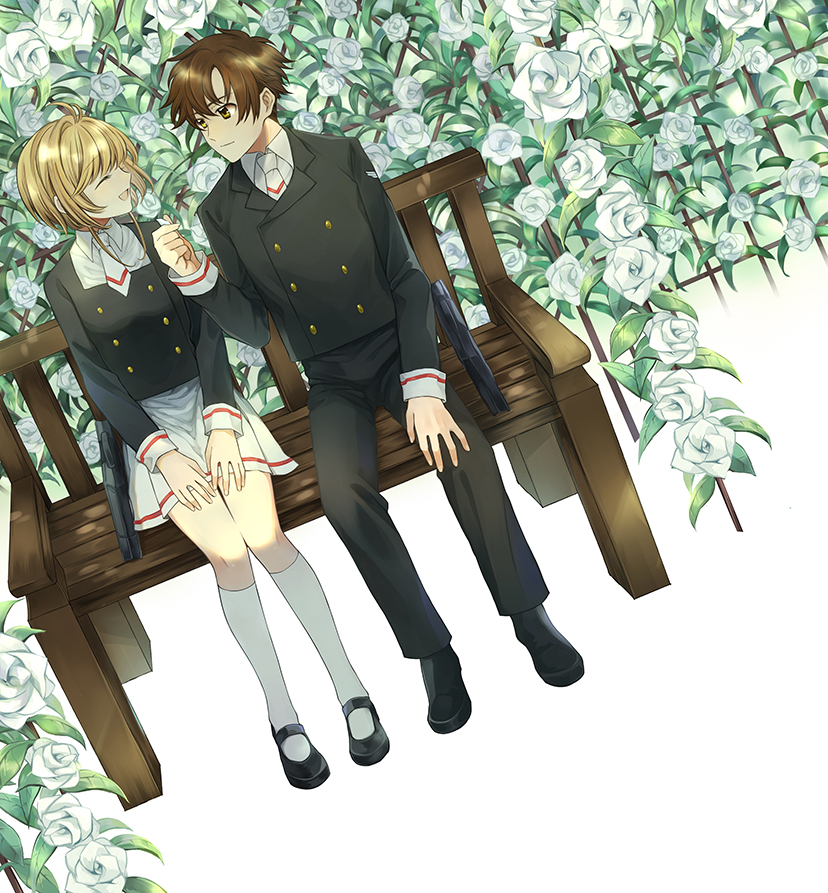 1boy 1girl :d bangs bench black_footwear black_jacket black_pants blonde_hair brown_eyes brown_hair cardcaptor_sakura closed_eyes closed_mouth commentary_request couple dutch_angle eyebrows_visible_through_hair flower full_body hand_on_own_knee hands_on_lap hetero holding holding_flower jacket kinomoto_sakura kneehighs li_xiaolang long_sleeves looking_at_another miniskirt necktie neva_(n_e_v_a) open_mouth pants rose school_uniform shiny shiny_hair short_hair short_necktie sidelocks sitting skirt smile tomoeda_middle_school_uniform white_flower white_legwear white_necktie white_rose white_skirt