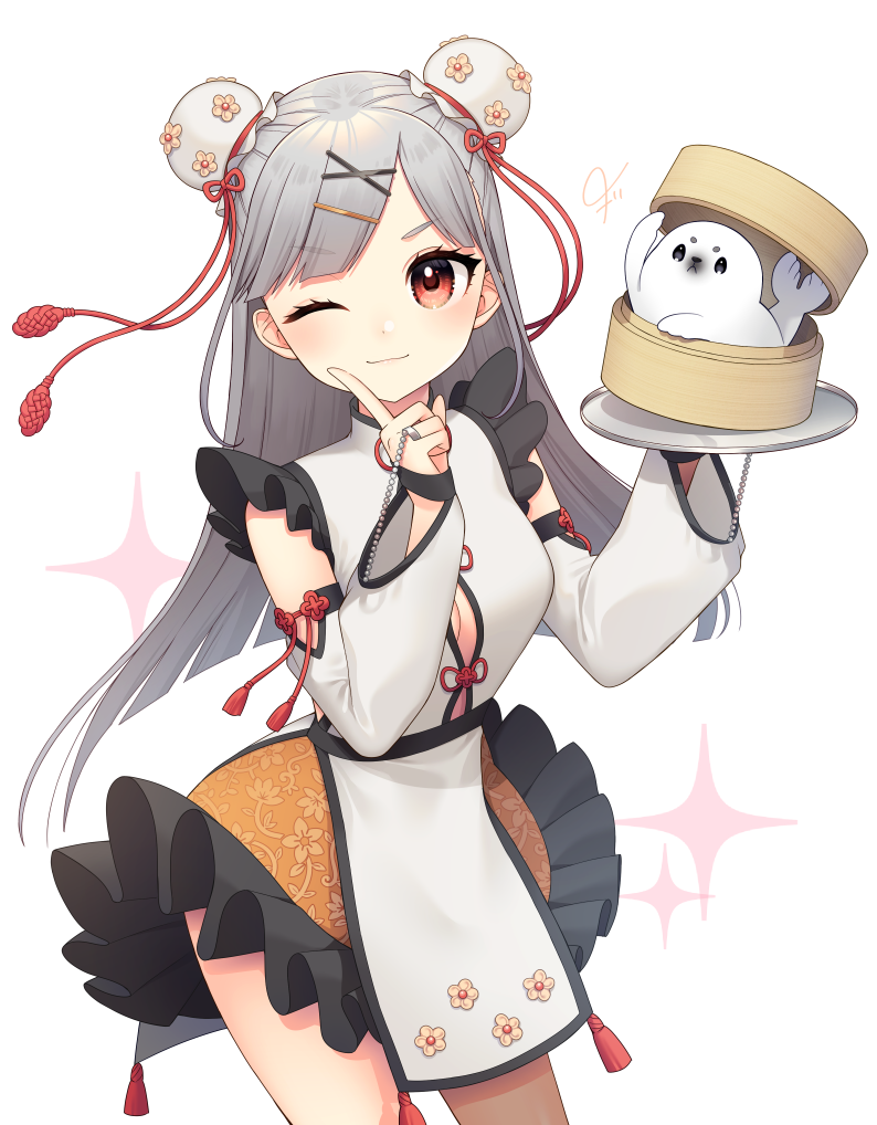 1girl blush bun_cover chinese_clothes cleavage_cutout closed_mouth clothing_cutout cowboy_shot double_bun grey_hair hair_ornament hairclip hand_up holding holding_tray jewelry konogi_nogi long_hair long_sleeves looking_at_viewer one_eye_closed original red_eyes ring seal_(animal) smile solo sparkle symbol-only_commentary tray x_hair_ornament