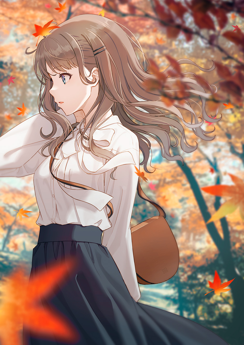 1girl arm_behind_back autumn autumn_leaves bag bangs black_skirt blurry blurry_foreground bow bowtie brown_bag commentary cowboy_shot day depth_of_field eyebrows_visible_through_hair falling_leaves from_side hair_ornament hairclip highres hyuuga_azuri leaf long_hair long_sleeves maple_leaf open_mouth original outdoors shirt_tucked_in skirt solo symbol-only_commentary tree white_bow