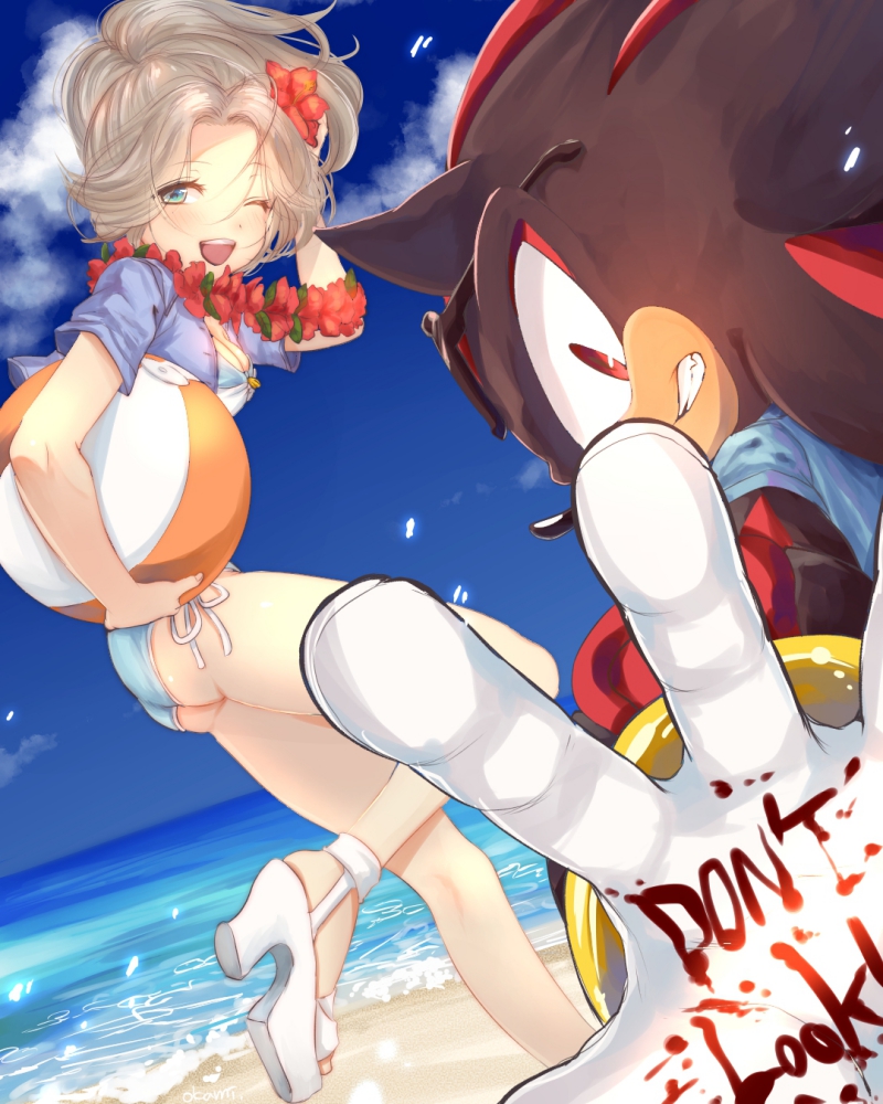 1boy 1girl ;d ass ball beach bikini blue_sky blush bracelet breasts clenched_teeth cloud flower furry furry_male gloves hair_flower hair_ornament high_heels holding holding_ball jacket jewelry looking_at_viewer maria_robotnik ocean one_eye_closed open_clothes open_hand open_jacket open_mouth parody red_eyes red_flower sand shadow_the_hedgehog shadow_the_hedgehog_(game) sky small_breasts smile sonic_(series) swimsuit teeth tondamanuke white_footwear white_gloves