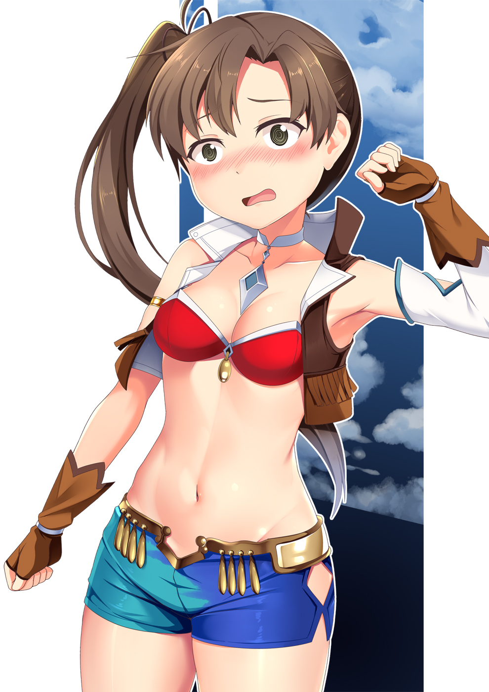 1girl ayanami_(kancolle) blue_shorts breasts brown_eyes brown_gloves brown_hair brown_vest calamity_jane_(fate) calamity_jane_(fate)_(cosplay) cosplay cowboy_shot cropped_vest detached_collar detached_sleeves fate/grand_order fate_(series) fingerless_gloves gloves green_shorts highres hip_vent kantai_collection long_hair navel open_clothes open_vest short_shorts shorts side_ponytail single_detached_sleeve small_breasts solo touyama_nao two-tone_shorts vest voice_actor_connection yasume_yukito yellow_vest
