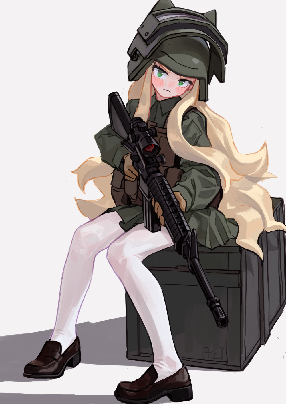 1girl assault_rifle blonde_hair blush box brown_footwear brown_gloves bulletproof_vest cat_helmet closed_mouth dot_nose fkey gloves green_eyes green_jacket green_shirt green_skirt gun head_tilt helmet highres holding holding_gun holding_weapon jacket loafers long_hair long_sleeves looking_at_viewer m16 m16a4 miniskirt original pantyhose pleated_skirt rifle shirt shoes signature simple_background sitting skirt sniper_rifle solo very_long_hair weapon white_background white_legwear