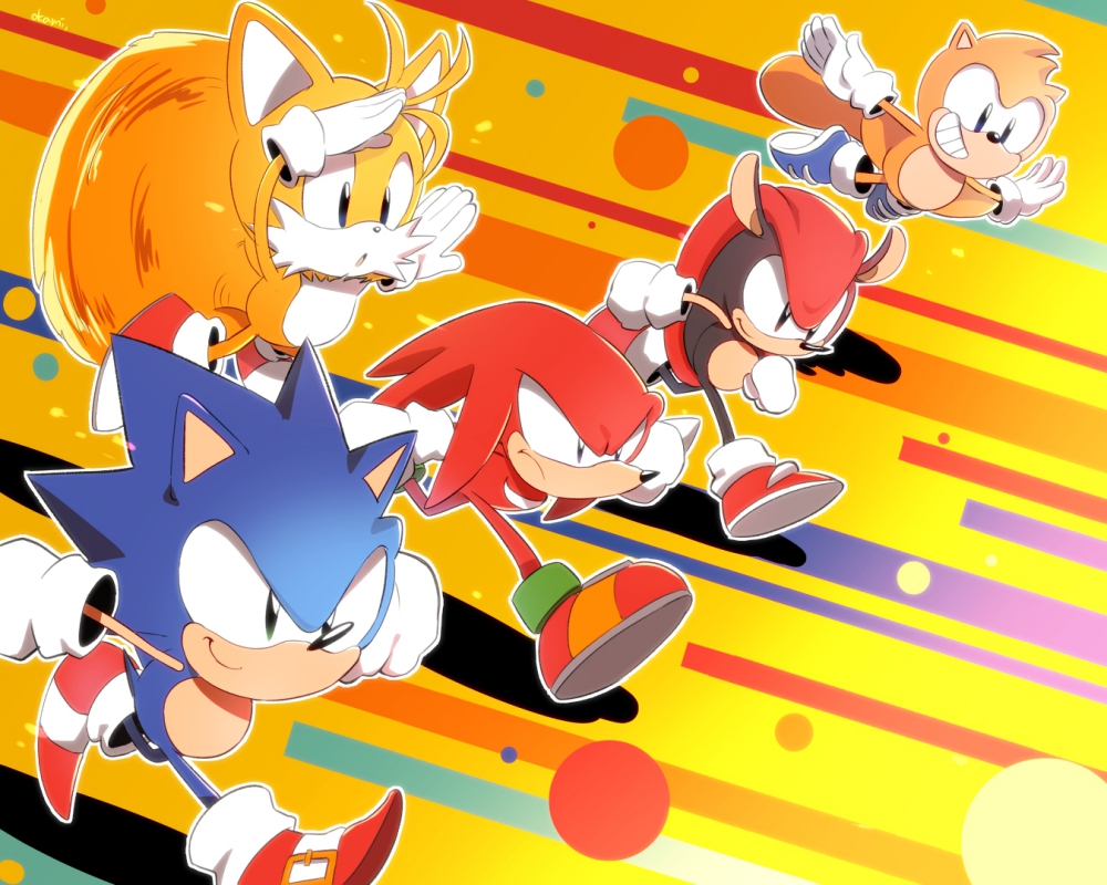 5boys animal_nose black_eyes flying furry furry_male gloves grin knuckles_the_echidna mighty_the_armadillo multiple_boys ray_the_flying_squirrel red_footwear running shoes smile sneakers sonic_(series) sonic_mania sonic_the_hedgehog sonic_the_hedgehog_(classic) tails_(sonic) tondamanuke white_gloves