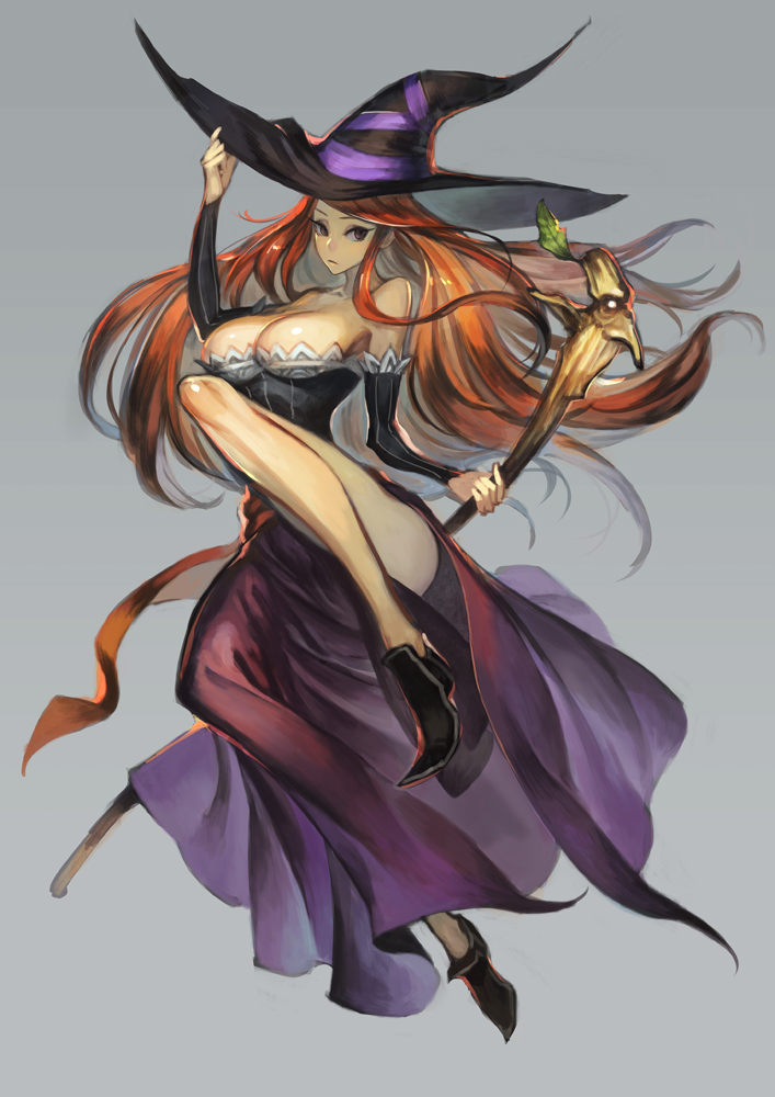 1girl ainezu black_dress black_footwear black_headwear breasts brown_eyes brown_hair cleavage clip_studio_paint_(medium) closed_mouth commentary_request detached_sleeves dragon's_crown dress full_body grey_background hand_on_headwear hand_up holding holding_staff knee_up large_breasts long_hair long_sleeves looking_at_viewer simple_background solo sorceress_(dragon's_crown) staff