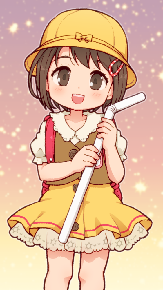 1girl backpack bag bendy_straw brown_eyes brown_hair drinking_straw hair_ornament hairclip hat lasto legs looking_at_viewer mascot open_mouth oversized_object personification product_girl randoseru short_hair solo yellow_headwear yukico-tan yukijirushi