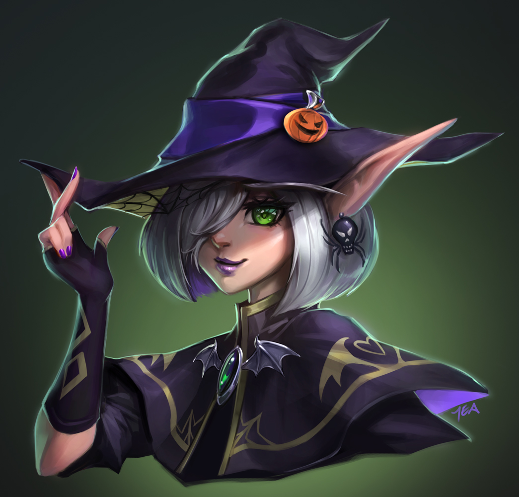 1girl avatar_(wow) bat_wings blood_elf_(warcraft) bug earrings elf fingerless_gloves gem gloves gradient gradient_background green_background green_eyes hair_over_one_eye halloween hand_on_headwear hat imdrunkontea jack-o'-lantern jack-o'-lantern_hat_ornament jack-o'-lantern_ornament jewelry lipstick looking_at_viewer makeup nail_polish pointy_ears purple_lips purple_nails short_hair silk spider spider_web upper_body warcraft white_hair wings witch witch_hat world_of_warcraft