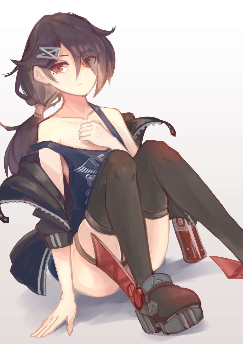 1girl azur_lane black_hair black_jacket black_legwear blue_shirt breasts brown_eyes cassin_(azur_lane) closed_mouth collarbone eyebrows_visible_through_hair hair_ornament hairclip hand_on_breast hand_on_floor highres jacket jacket_pull long_hair looking_at_viewer mole mole_under_eye on_floor open_clothes open_jacket ponytail sea_nami shirt small_breasts solo thighhighs white_background