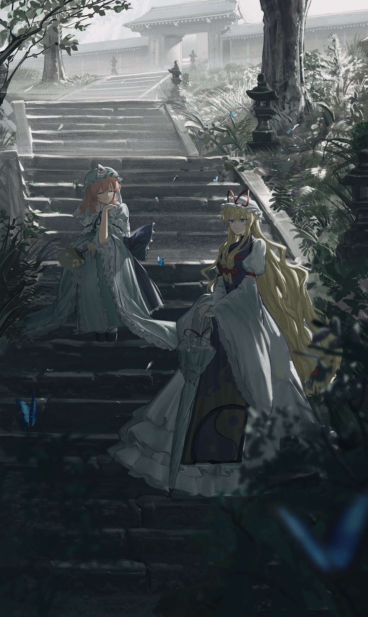 2girls bangs belt blonde_hair blue_belt blue_bow blue_bowtie blue_butterfly blue_dress blue_headwear blue_kimono blue_sleeves bow bowtie breasts brown_footwear bug butterfly closed_eyes closed_mouth collar collared_dress dress e_(you33ou) eyebrows_visible_through_hair flying gensokyo grass grey_sky hair_between_eyes hair_bow hakugyokurou hand_fan hand_up hat hat_bow highres holding holding_umbrella japanese_clothes kimono leaf long_hair long_sleeves looking_to_the_side medium_breasts mob_cap multiple_girls outdoors pink_hair puffy_sleeves purple_eyes purple_vest red_bow saigyouji_yuyuko shadow short_hair shrine sitting slippers smile socks stairs standing tabard touhou tree triangular_headpiece umbrella vest white_dress white_headwear white_legwear white_sky white_sleeves wide_sleeves wings yakumo_yukari yin_yang yin_yang_print