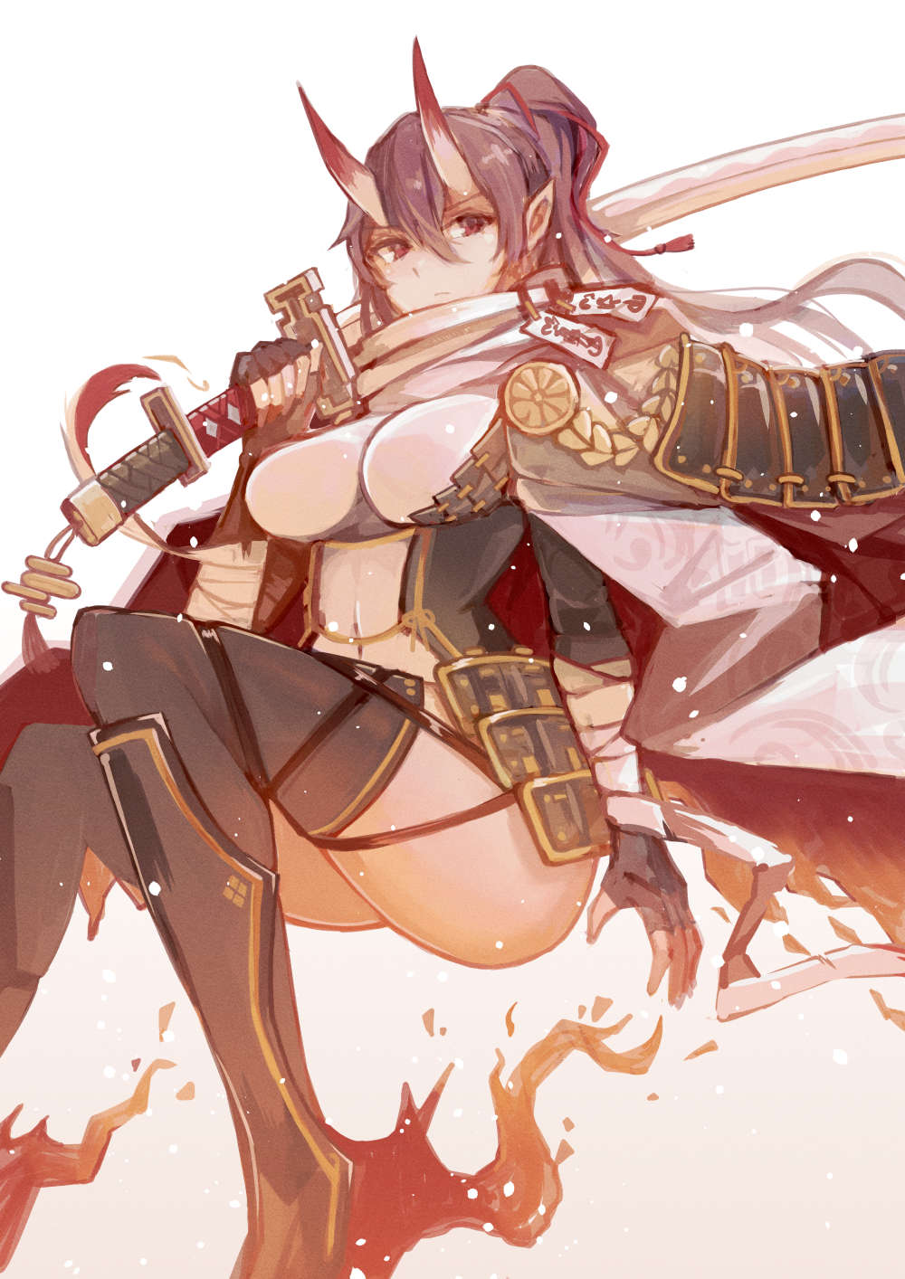 1girl azur_lane bandaged_arm bandages black_footwear black_gloves black_hair black_legwear boots breasts closed_mouth demon_horns eyebrows_visible_through_hair fingerless_gloves gloves hair_ornament hair_ribbon hairclip highres holding holding_sword holding_weapon horns izumo_(azur_lane) knee_boots long_hair looking_at_viewer medium_breasts ponytail red_eyes red_ribbon ribbon scarf sea_nami solo sword thighhighs weapon white_background white_scarf
