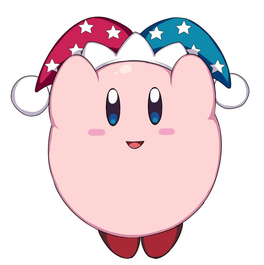 1other arms_up blue_eyes blush crown_hair_ornament jumping kirby kirby_(series) looking_at_viewer open_mouth red_footwear simple_background smile solo white_background zeroshiki_kouichi
