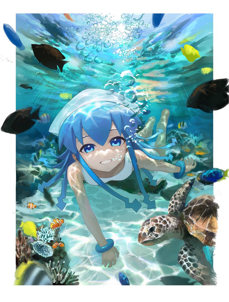 1girl air_bubble barefoot blue_eyes bracelet breath bubble clownfish coral fish freediving hat ikamusume jewelry sea_turtle shinryaku!_ikamusume smile suketoudara_(artist) swimming tentacle_hair turtle underwater