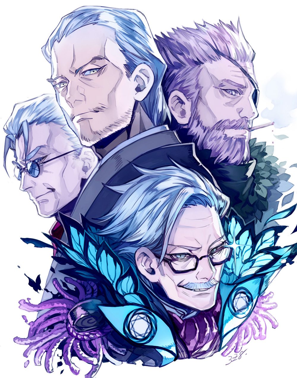 4boys beard black-framed_eyewear bug butterfly cigarette eyepatch facial_hair fate/grand_order fate_(series) glasses glint hair_slicked_back highres james_moriarty_(fate) kyosuke li_shuwen_(fate) looking_at_viewer male_focus mouth_hold multiple_boys mustache old old_man purple_eyes silver_hair smoking stubble white_background white_hair william_tell_(fate) yagyuu_munenori_(fate) yellow_eyes