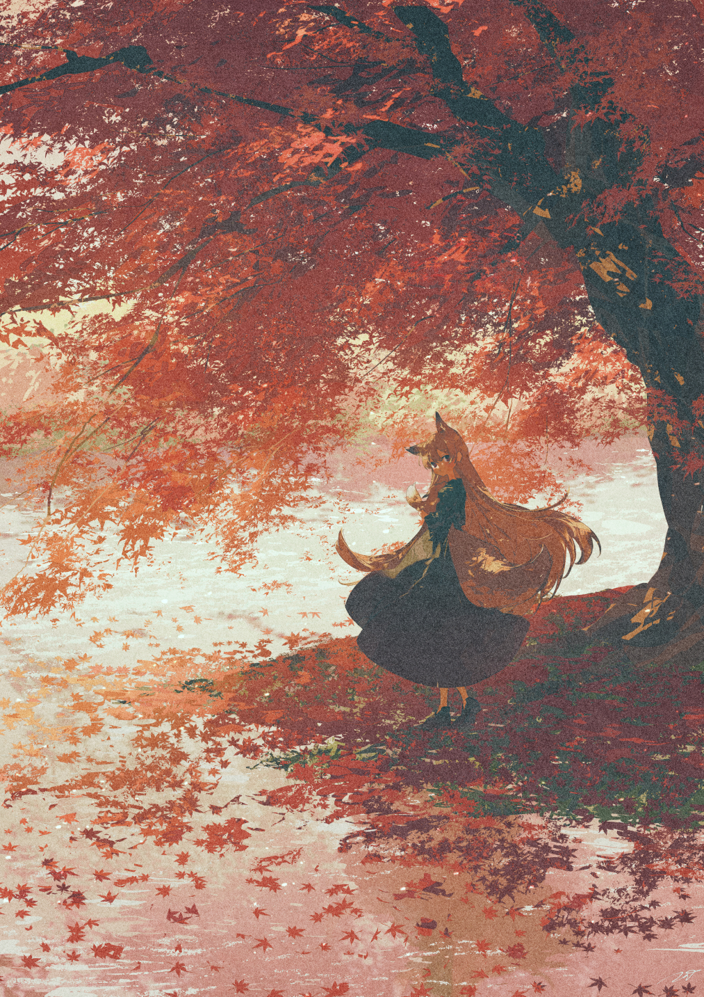 1girl animal_ears autumn autumn_leaves black_dress black_footwear commentary_request day dress extra_ears fox_ears fox_girl fox_tail highres leaf long_hair looking_at_viewer maple_leaf nature original outdoors potg_(piotegu) scenery shade solo standing tail tree