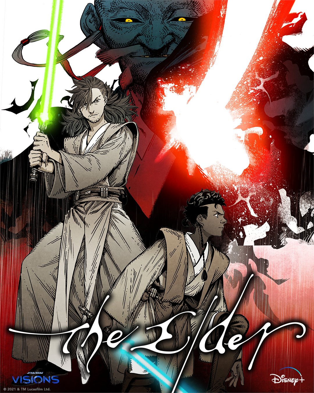 3boys bald bangs black_hair black_sclera braid braided_ponytail brown_eyes brown_hair colored_sclera commentary dan_gavash dark-skinned_male dark_skin disney energy_sword english_commentary facial_hair hair_over_one_eye highres holding holding_sword holding_weapon jedi lightsaber multiple_boys mustache official_art old old_man promotional_art robe sith smile star_wars star_wars:_visions stubble sword tajin_crosser the_elder_(star_wars:_visions) trigger_(company) v-shaped_eyebrows weapon yellow_eyes