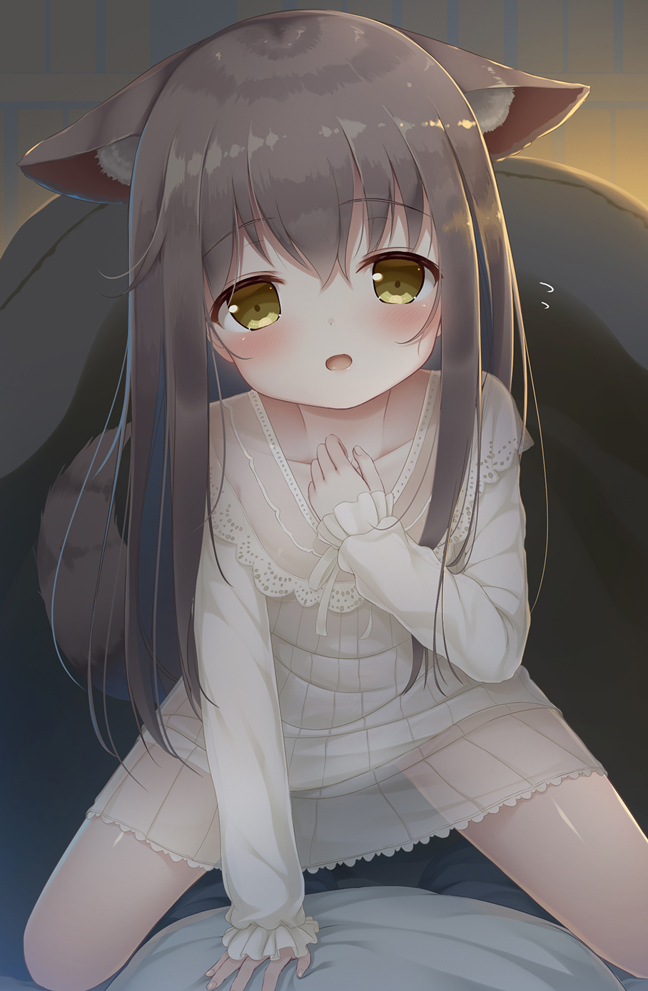 1girl 1other all_fours animal_ear_fluff animal_ears bed blush brown_eyes brown_hair dog_ears dog_girl dog_tail dress flying_sweatdrops hand_on_another's_stomach hand_on_own_chest highres long_hair looking_at_viewer nightgown open_mouth original pov psyche3313 see-through short_dress straddling tail white_dress white_nightgown