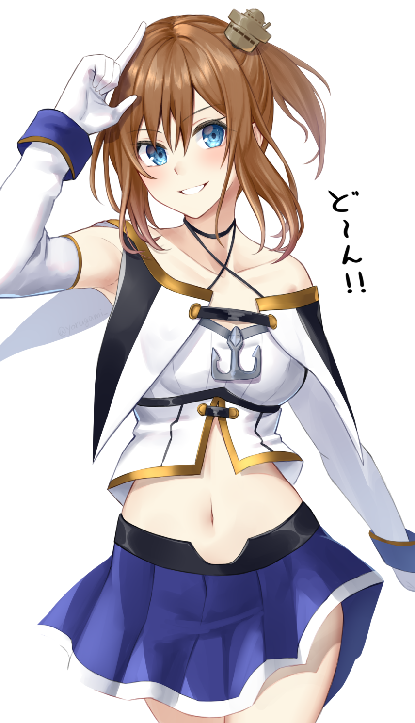 1girl anchor azur_lane blue_eyes blush breasts brown_hair commentary_request criss-cross_halter detached_sleeves gloves halterneck highres long_hair looking_at_viewer medium_breasts midriff navel repulse_(azur_lane) skirt smile translation_request yorugami_rei