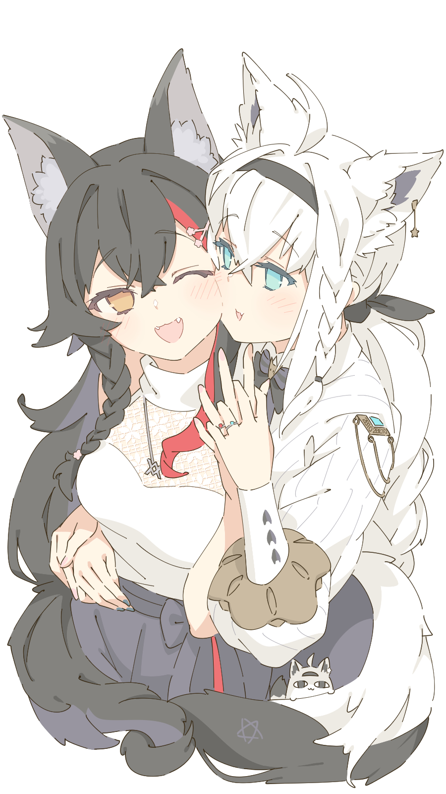 2girls animal_ears bangs black_bow black_skirt blush bow braid breasts brown_eyes cheek-to-cheek couple fang fox_ears fox_tail heads_together highres holding_hands hololive hug hug_from_behind interlocked_fingers jewelry medium_breasts miteiru_(shirakami_fubuki) multiple_girls necklace one_eye_closed ookami_mio open_mouth ring shirakami_fubuki skirt sleeveless sleeveless_sweater smile sweater sweater_tucked_in tail tataki_tuna turtleneck virtual_youtuber wedding_ring white_background white_hair white_sweater wife_and_wife wolf_ears wolf_tail yuri