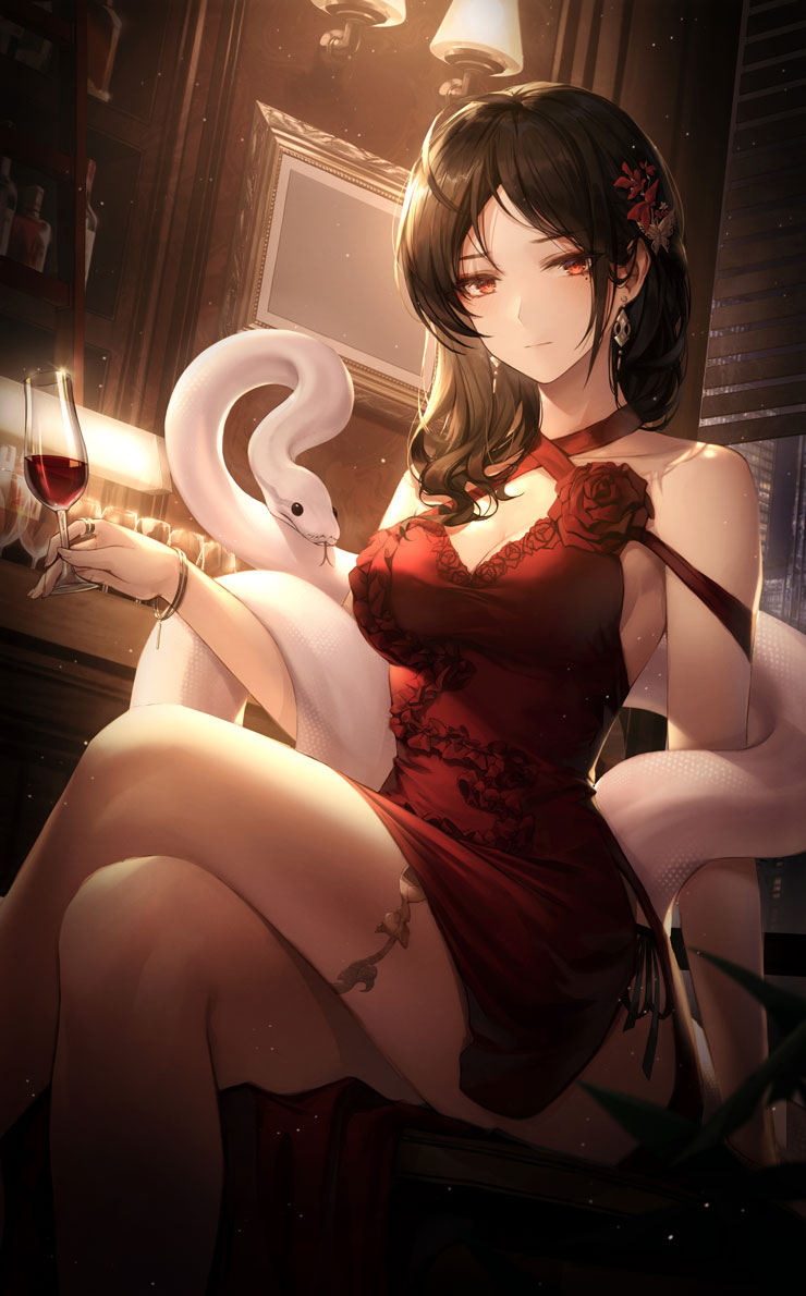 1girl ahoge alcohol animal bangle bare_shoulders black_hair bracelet breasts chyopeuteu cleavage closed_mouth cocktail_dress criss-cross_halter crossed_legs cup dress drinking_glass earrings flower frown hair_ornament halter_dress halterneck holding jewelry long_hair looking_at_viewer medium_breasts mole mole_under_eye original panties panty_peek red_dress red_eyes red_flower rose side-tie_peek sitting sleeveless sleeveless_dress snake solo thighlet thighs underwear wine wine_glass