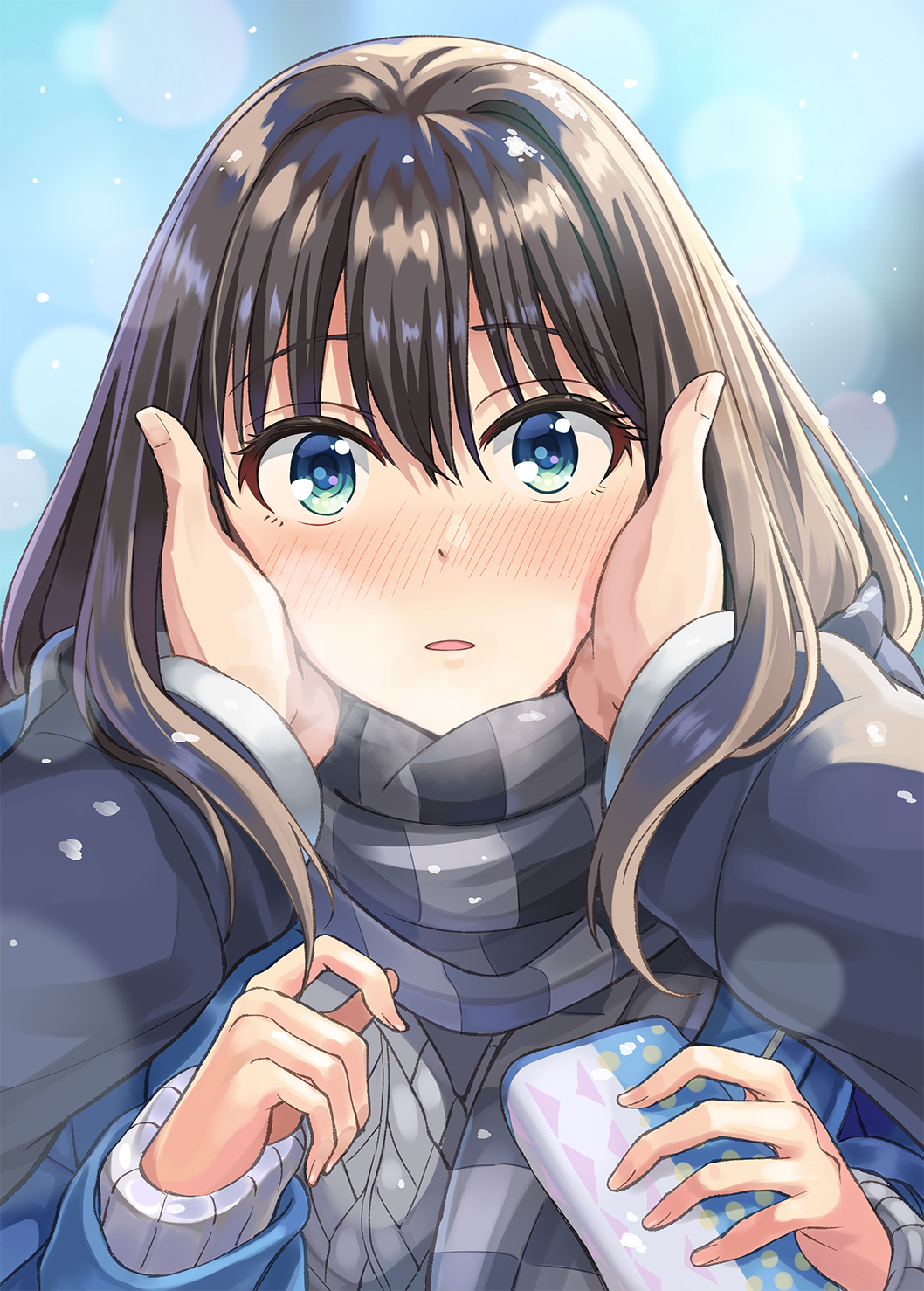 1boy 1girl aqua_eyes bangs blush breath brown_hair embarrassed eyebrows_visible_through_hair green_eyes hands_on_another's_cheeks hands_on_another's_face highres holding idolmaster idolmaster_cinderella_girls long_hair long_sleeves looking_at_viewer parted_lips pov pov_hands producer_(idolmaster) scarf shibuya_rin snow_on_head solo_focus sweater tazu
