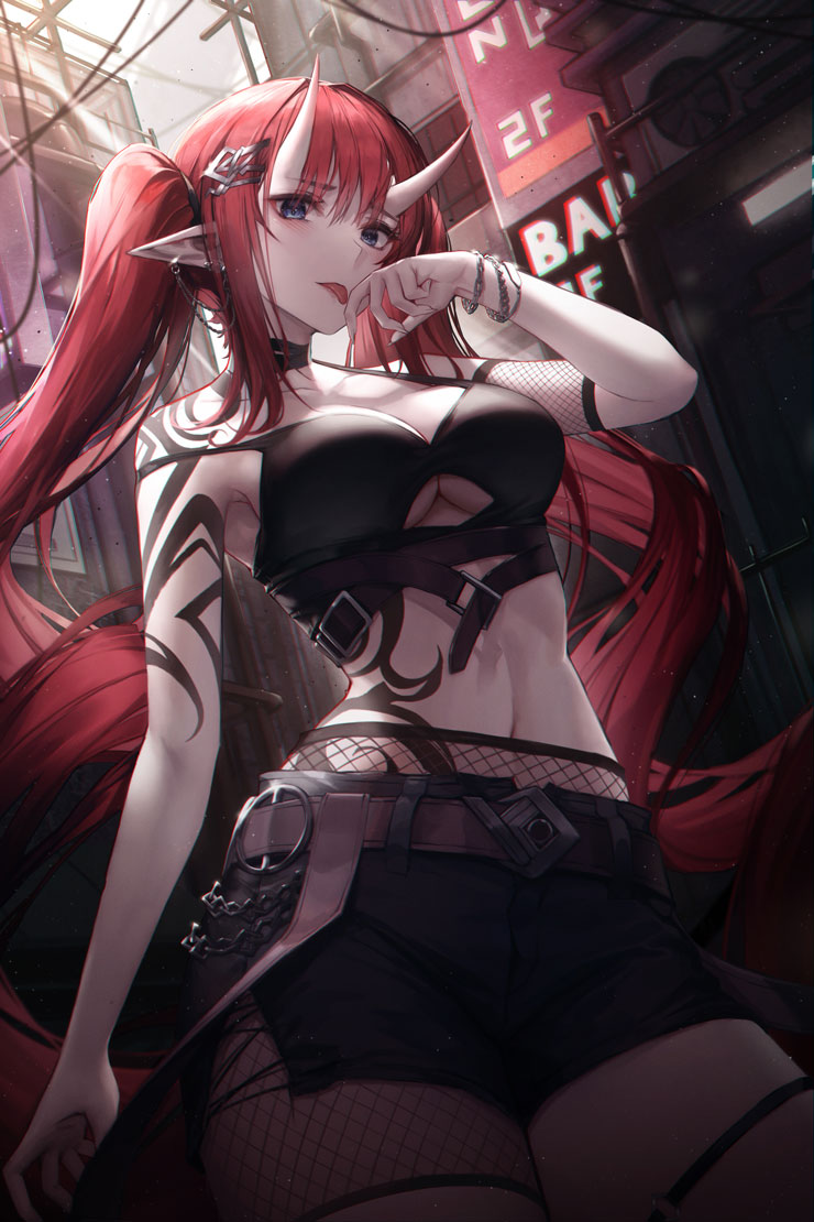 1girl arm_up bare_arms bare_shoulders belt black_choker black_shirt black_shorts blue_eyes bracelet breasts choker chyopeuteu clothing_cutout cowboy_shot crop_top earrings fishnets hair_ornament hairclip horns jewelry large_breasts licking licking_finger long_hair looking_at_viewer midriff navel oni_horns original pointy_ears red_hair revealing_clothes shirt short_shorts shorts shoulder_tattoo sidelocks sleeveless sleeveless_shirt solo spaghetti_strap stomach strap_slip tattoo thigh_strap tongue tongue_out twintails underboob underboob_cutout very_long_hair