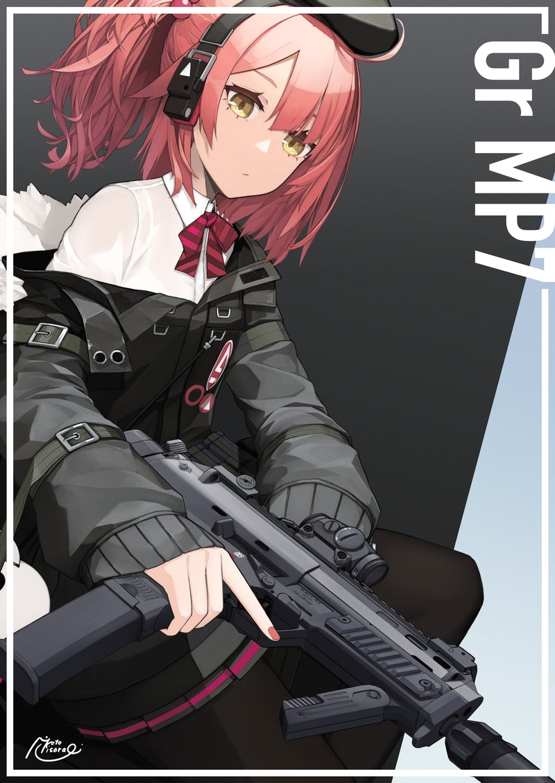 1girl ahoge banned_artist bare_shoulders beret commentary_request commission duplicate expressionless girls'_frontline gun h&amp;k_mp7 hat headset medium_hair mikoto_(oi_plus) mp7_(girls'_frontline) pantyhose pleated_skirt red_hair red_nails skeb_commission skirt solo submachine_gun weapon yellow_eyes