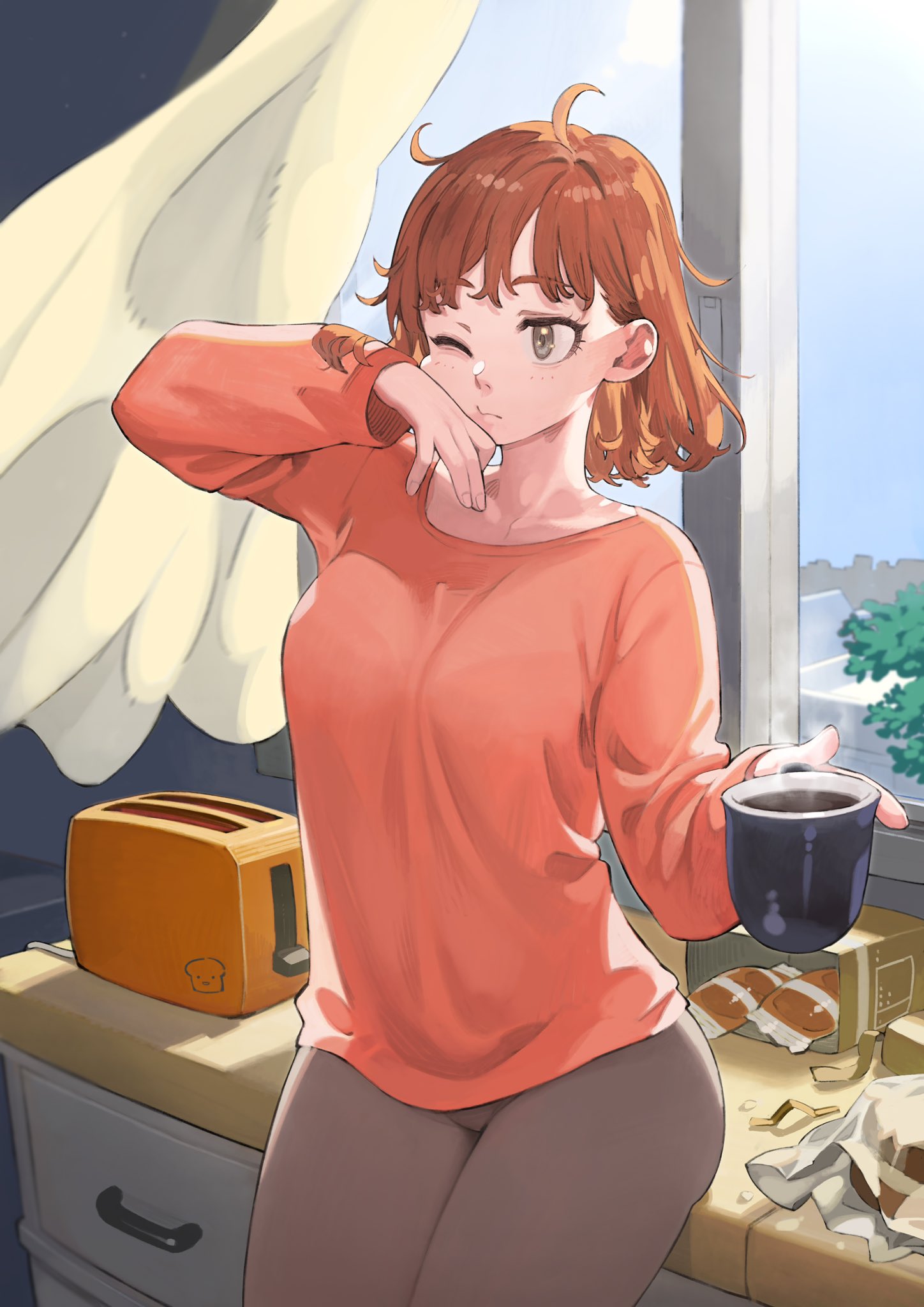 1girl breasts chinese_commentary coffee coffee_mug commentary_request cup curtains drawer eyebrows_visible_through_hair highres holding holding_cup indoors jun_(seojh1029) large_breasts leaning_on_table long_sleeves medium_hair messy_hair morning mug one_eye_closed original red_eyes red_hair shirt solo steam toaster window wrapper