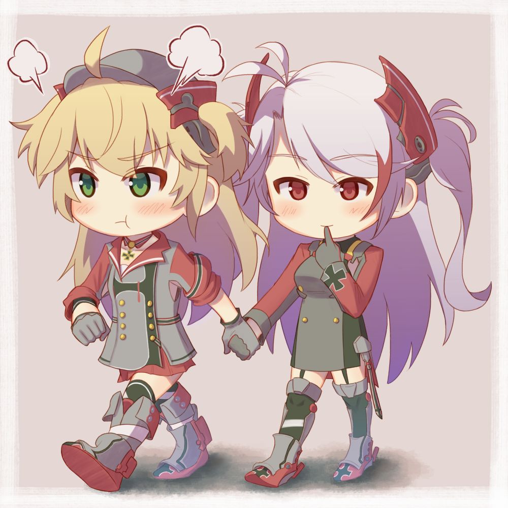 2girls admiral_hipper_(azur_lane) ahoge azur_lane bangs blonde_hair chibi commentary_request eyebrows_visible_through_hair full_body gloves green_eyes grey_background grey_gloves hair_between_eyes hair_ornament hat long_hair long_sleeves looking_at_viewer multicolored_hair multiple_girls pleated_skirt prinz_eugen_(azur_lane) red_eyes red_skirt sidelocks silver_hair simple_background skirt smile streaked_hair tweetdian two-tone_hair two_side_up walking