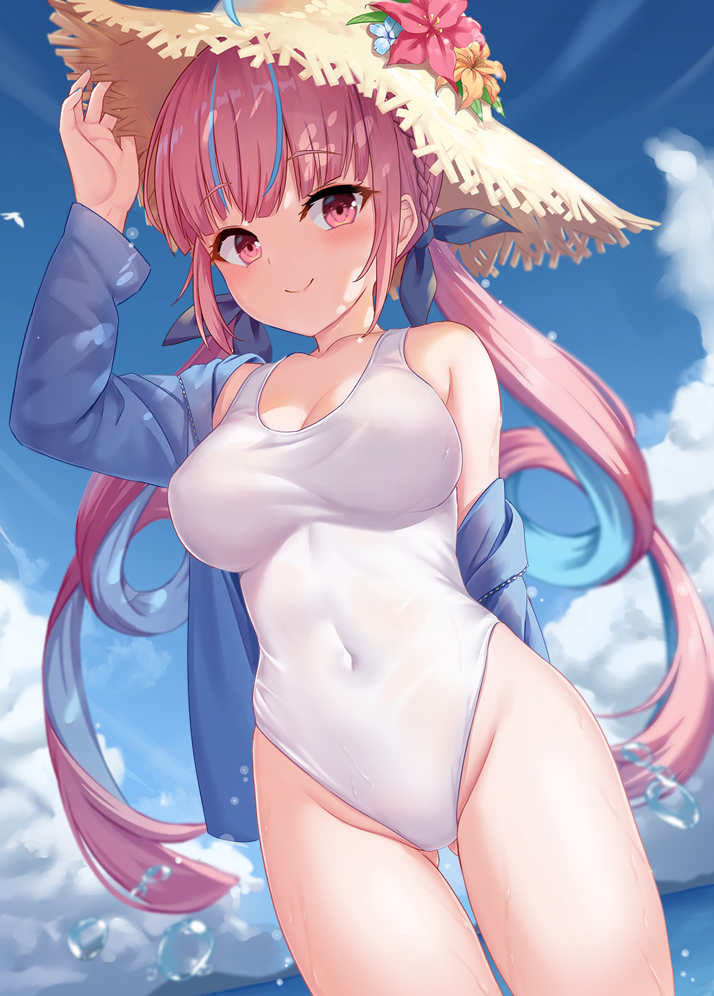 1girl air_bubble ass_visible_through_thighs bangs bare_shoulders blue_sky blunt_bangs blush bow breasts bubble closed_mouth cloud collarbone covered_navel cowboy_shot day drill_hair eyebrows_visible_through_hair flower hair_bow hand_up hat highres hololive jacket long_hair long_sleeves looking_at_viewer medium_breasts minato_aqua multicolored_hair navel off_shoulder one-piece_swimsuit open_clothes open_jacket outdoors pink_hair purple_jacket shimokirin sidelocks sky smile solo standing swimsuit thighs twintails two-tone_hair virtual_youtuber water wet white_swimsuit