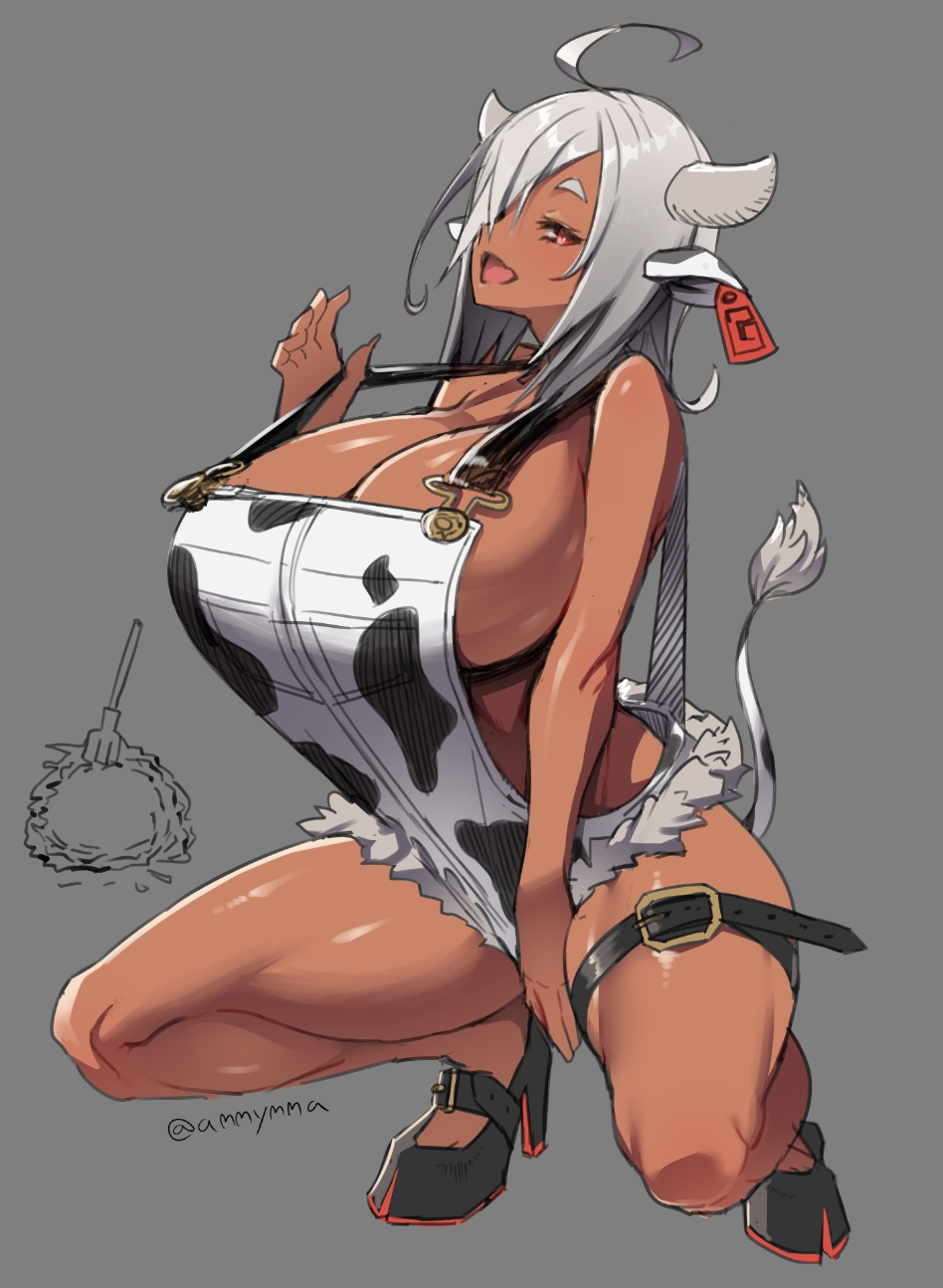 1girl ahoge amamiya_(abaros) animal_ears bangs blush breasts cow_ears cow_girl cow_horns cow_tail dark-skinned_female dark_skin ear_tag fingernails grey_background hair_over_one_eye high_heels highres horns huge_breasts long_fingernails long_hair looking_at_viewer open_mouth original revealing_clothes simple_background smile solo squatting strap_pull suspenders tail white_hair yellow_eyes