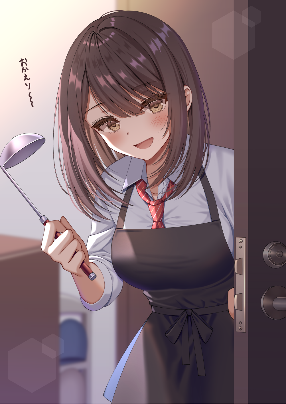 1girl apron bangs black_apron blue_shirt blurry blurry_background blush bob_cut brown_eyes brown_hair collared_shirt commentary_request door dress_shirt eyebrows_visible_through_hair hand_up highres holding holding_ladle indoors izumo_neru ladle long_sleeves looking_at_viewer medium_hair necktie open_mouth original red_necktie shirt smile solo standing translated