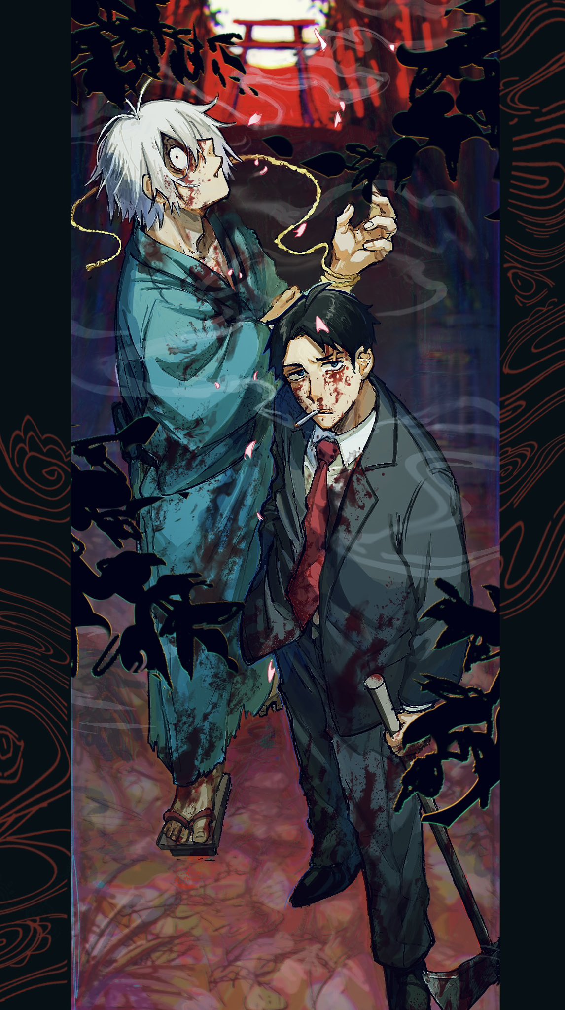 2boys adam's_apple axe black_eyes black_hair black_jacket black_pants black_suit bleeding blood blood_on_clothes blood_on_face blue_eyes blue_kimono blurry blurry_background cherry_blossoms cigarette closed_mouth constricted_pupils dress_pants fang full_body full_moon gegege_no_kitarou gegerou geta hand_in_pocket highres holding holding_axe jacket japanese_clothes kimono kitarou_tanjou:_gegege_no_nazo long_sleeves looking_at_viewer looking_up male_focus medama_oyaji_(human) mizuki_(gegege_no_kitarou) moon mouth_hold multiple_boys necktie night nosebleed open_clothes open_jacket outdoors pants pillarboxed red_necktie red_sky reverse_grip rope_around_wrist saba_ichimi scar scar_across_eye short_hair sky smoke_trail smoking suit suit_jacket torii white_hair wide-eyed yukata