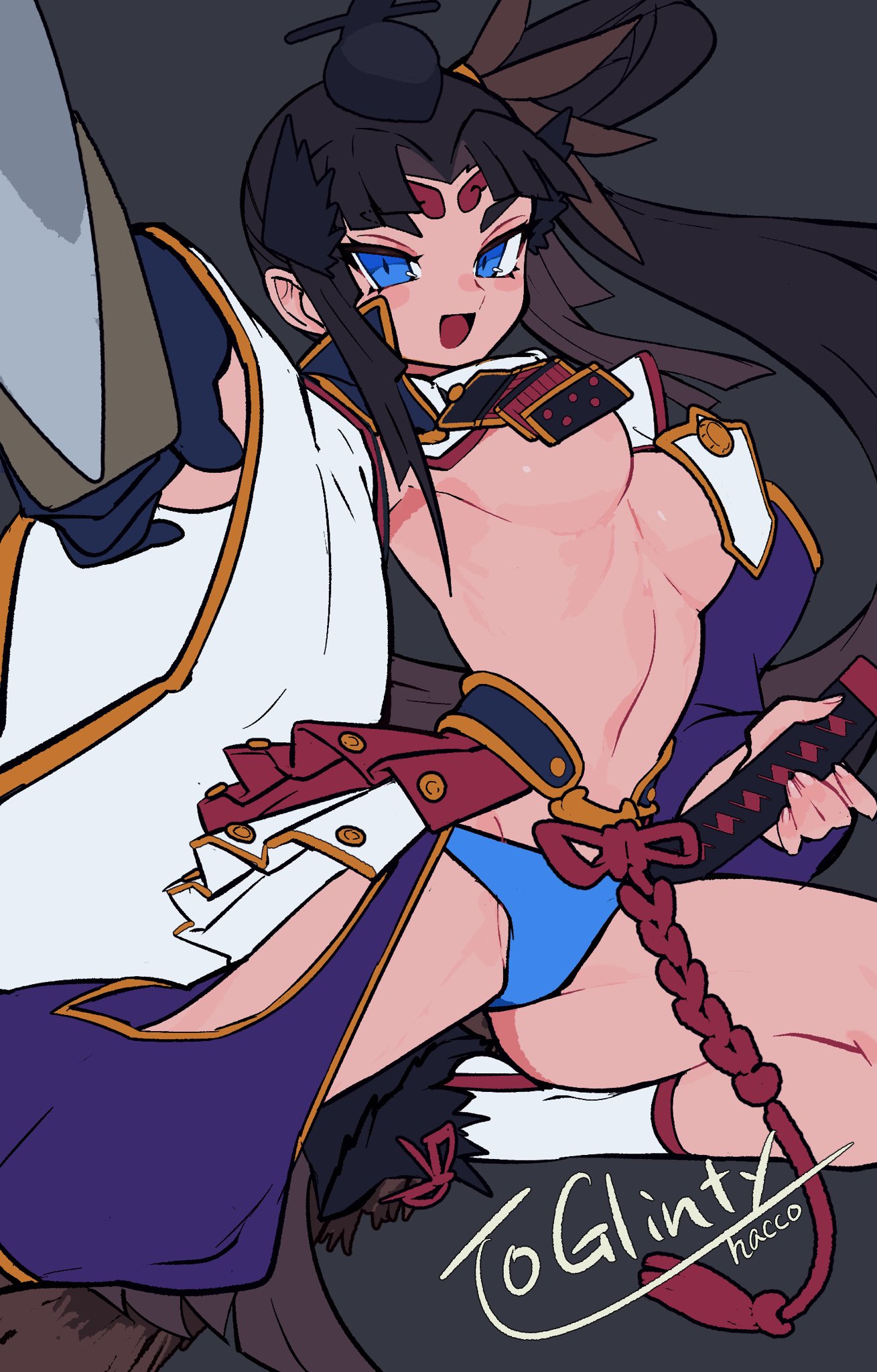 1girl armor black_hair blue_eyes blue_panties breast_curtains breasts detached_sleeves fate/grand_order fate_(series) feather_hair_ornament feathers hacco_mayu hair_bun hair_ornament hat highres japanese_armor katana long_hair looking_at_viewer medium_breasts navel open_mouth panties parted_bangs side_ponytail sidelocks single_side_bun smile solo sword thighs underwear ushiwakamaru_(fate) very_long_hair weapon wide_sleeves