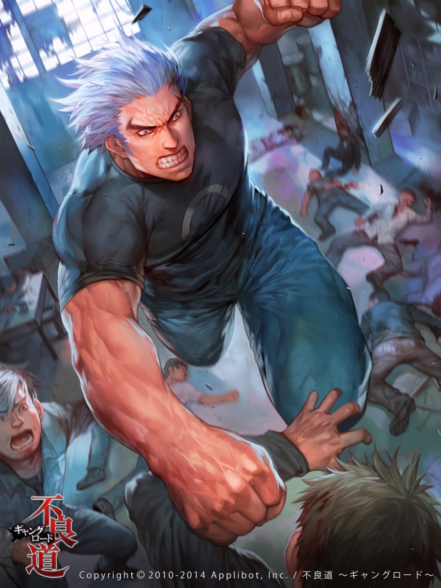 3boys arm_grab bara battle character_request check_copyright clenched_hands clenched_teeth copyright_request denim from_above frown highres jeans large_pectorals long_sideburns male_focus mature_male multiple_boys muscular muscular_male official_art pants pectorals shirt short_hair sideburns t-shirt teeth tekken thighs tight_clothes tight_shirt veins veiny_arms yakuza yi_lee