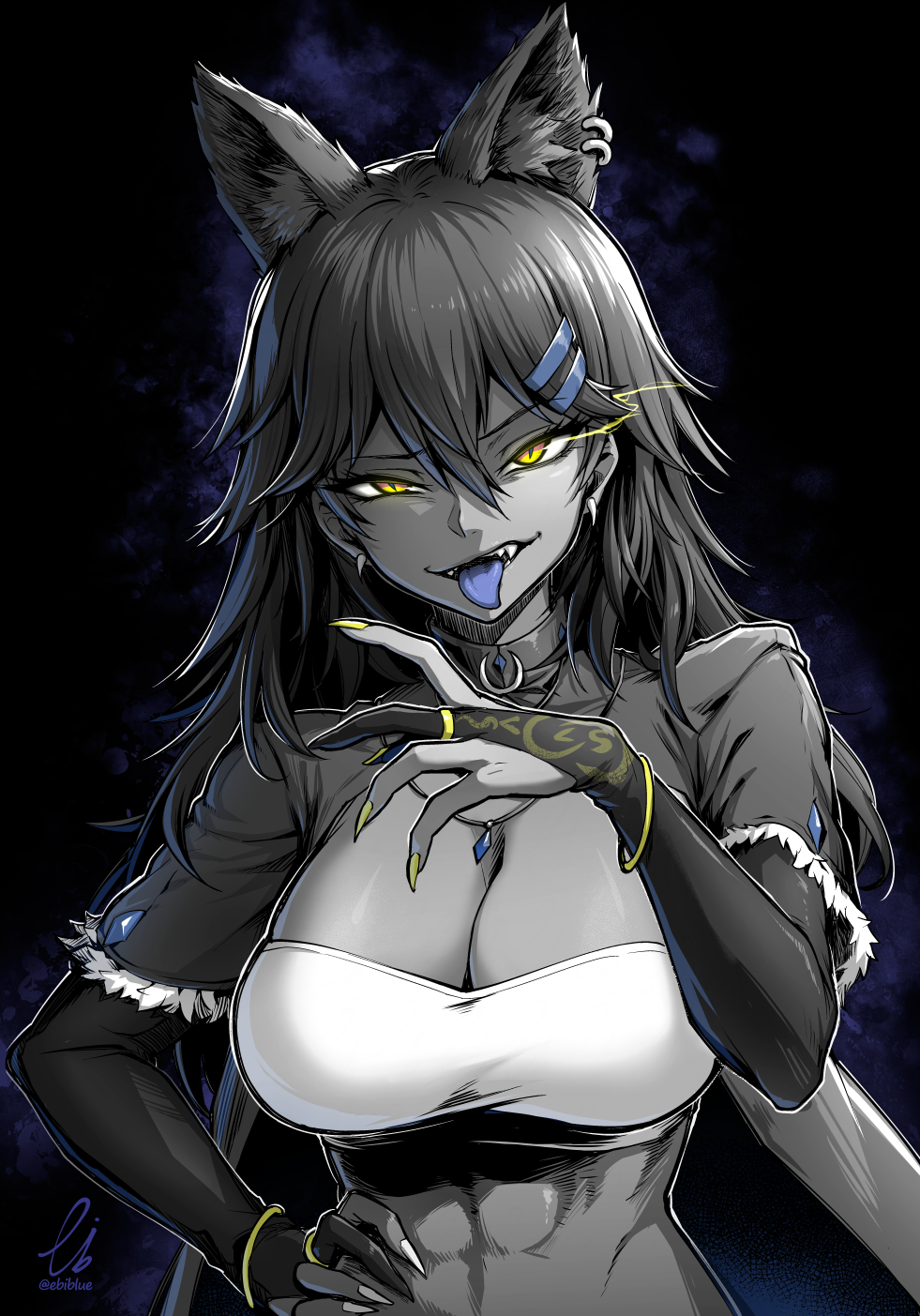 1girl abs animal_ear_fluff animal_ears bandeau blue_gemstone blue_tongue breasts bridal_gauntlets cleavage colored_tongue commission earrings ebiblue fang fur_trim gem gesugao gold_bracelet hair_ornament hairclip hand_on_own_hip highres jewelry large_breasts muscular muscular_female necklace original pixiv_commission shrug_(clothing) signature solo spot_color twitter_username upper_body yellow_eyes yellow_nails