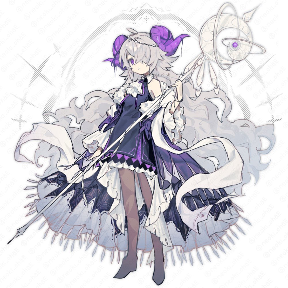 1girl ahoge ascot bare_shoulders closed_mouth collared_dress commentary curled_horns detached_sleeves dress frilled_sleeves frills full_body fur-trimmed_sleeves fur_trim grey_hair hair_over_one_eye hand_up holding holding_staff horns long_hair neoki_ohae one_eye_covered original pantyhose purple_dress purple_eyes purple_horns sheep_horns solo staff standing twitter_username very_long_hair watermark white_ascot