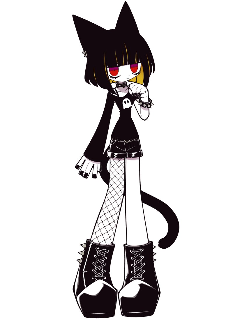 1girl animal_ears black_bracelet black_collar black_footwear black_hair black_nails black_shirt black_shorts blunt_bangs bracelet cat_ears cat_girl cat_tail cawshain collar colored_skin earrings funamusea funamusea_(artist) gothic jewelry multicolored_hair off-shoulder_shirt off_shoulder official_art orange_hair print_shirt red_eyes shirt shorts single_fishnet_legwear spiked_boots spiked_bracelet spikes tail two-tone_hair white_skin