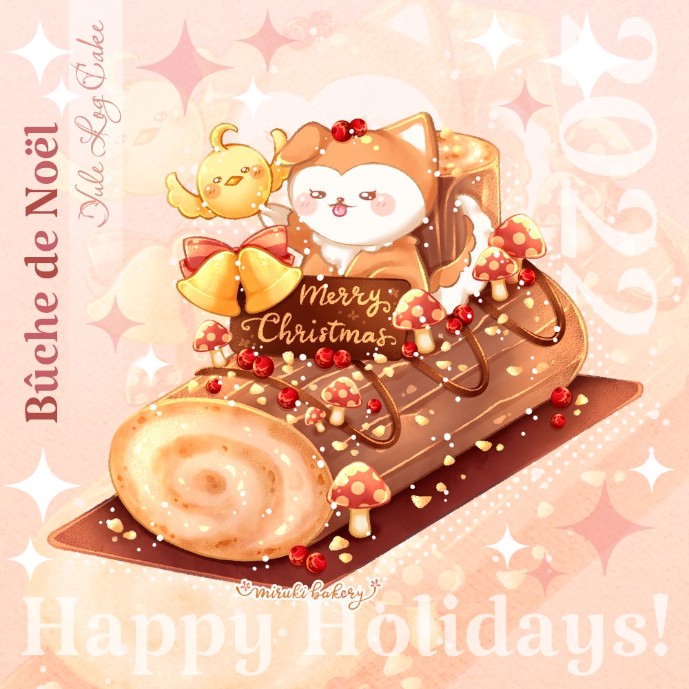 2022 artist_name bell bird blush_stickers bow cake chibi chick chocolate chocolate_syrup chocomiruki cranberry food food_focus fox happy_holidays merry_christmas mushroom no_humans original sprinkles swiss_roll tongue tongue_out yule_log_(cake)