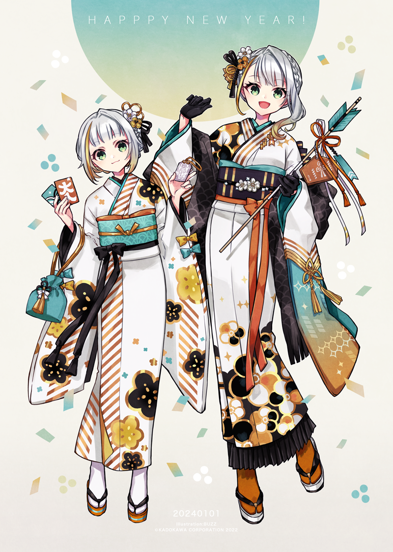 2girls a.i._voice arrow_(projectile) asymmetrical_bangs bag black_gloves black_kimono blonde_hair border braid buzz_(moi) closed_mouth commentary_request confetti dual_persona ema floral_print_kimono full_body furisode gloves gold_trim gradient_hair green_eyes grey_hair hair_ornament hamaya handbag hands_up happy_new_year holding holding_arrow japanese_clothes kanzashi kimono leaning_to_the_side long_sleeves looking_at_viewer multicolored_clothes multicolored_hair multicolored_kimono multiple_girls new_year obi obijime okobo omamori open_mouth orange_socks sandals sash short_hair short_hair_with_long_locks side_braid single_hair_intake single_sidelock smile socks streaked_hair striped striped_kimono translation_request tsunose_kotone tsunose_kotone_(tsubomi) w_arms white_border white_kimono white_socks wide_sleeves