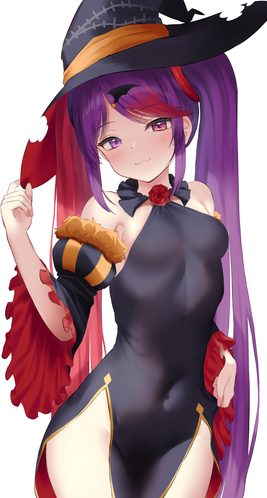 1girl :3 bangs bare_shoulders black_dress black_headwear blush breasts closed_mouth covered_navel cowboy_shot detached_sleeves dress eyebrows_visible_through_hair fang fang_out flower fur-trimmed_sleeves fur_trim hand_on_headwear hat heterochromia highres long_hair looking_at_viewer misaki_(princess_connect!) mizuha_(pixiv56938668) multicolored_hair pelvic_curtain princess_connect! purple_eyes purple_hair red_eyes red_flower red_hair red_rose rose sidelocks simple_background small_breasts smile swept_bangs twintails two-tone_hair very_long_hair white_background wide_sleeves witch_hat