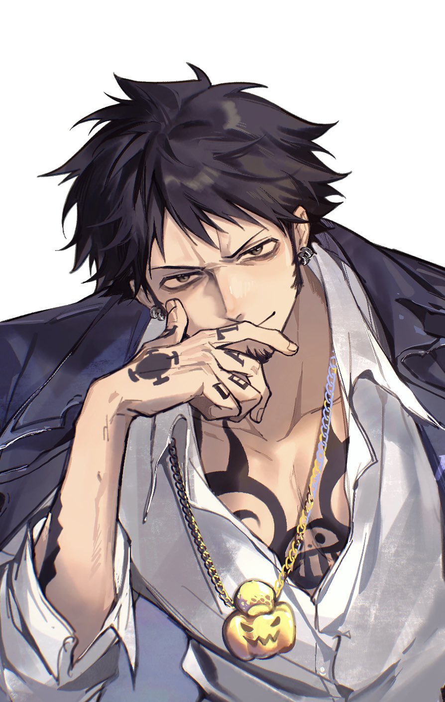 1boy arm_tattoo black_coat black_hair breasts buttons chain_necklace chest_tattoo cleavage coat coat_on_shoulders collarbone collared_coat collared_shirt colored_skin earrings facial_hair fingernails furrowed_brow goatee hand_on_own_face hand_tattoo head_tilt highres jewelry jyukawa looking_at_viewer male_focus necklace one_piece pectoral_cleavage pectorals pumpkin resized shirt short_hair sleeves_rolled_up smile solo tattoo trafalgar_law white_background white_shirt white_skin yellow_eyes