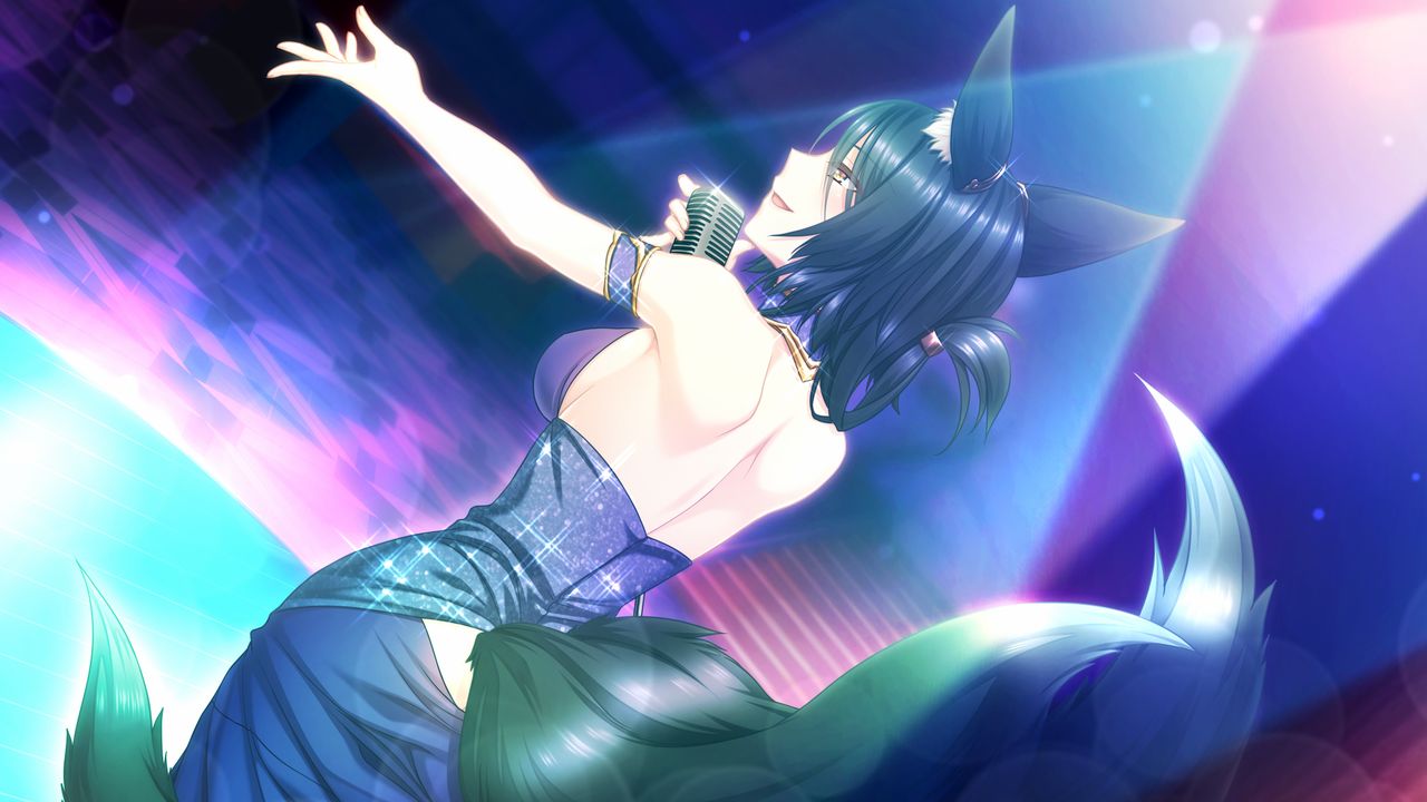 1girl animal_ear_fluff animal_ears arm_strap backless_dress backless_outfit bangs black_hair breasts daria_kirdyapkina dress dutch_angle fox_ears fox_tail from_behind game_cg hair_between_eyes half-closed_eyes holding holding_microphone lens_flare long_hair medium_breasts microphone multiple_tails music muutsuki official_art outstretched_arm purple_dress shiny shiny_hair shoulder_blades sideboob singing sleeveless sleeveless_dress solo sparkle stage standing tail tied_hair unjou_no_fairy_tale yellow_eyes