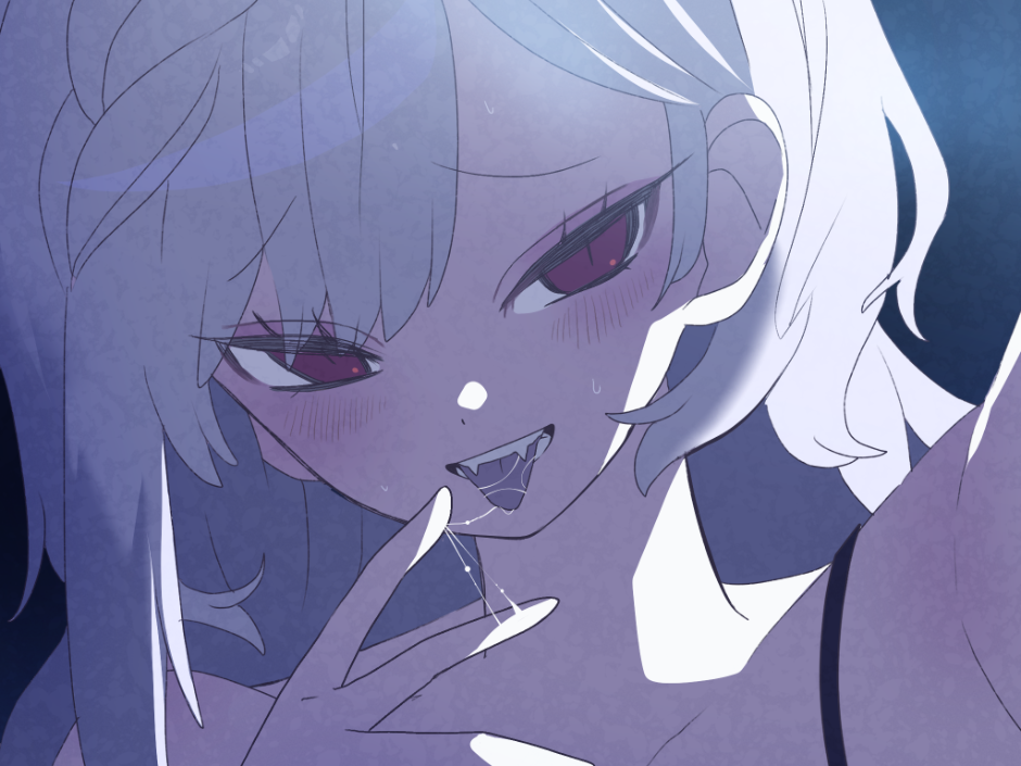 122pxsheol 1girl blondie_(happy_saint_sheol) blush bra_strap close-up fang finger_to_tongue game_cg happy_saint_sheol long_hair looking_at_viewer night non-web_source official_art open_mouth red_eyes saliva_on_hand smile tongue tongue_out tsurime white_hair