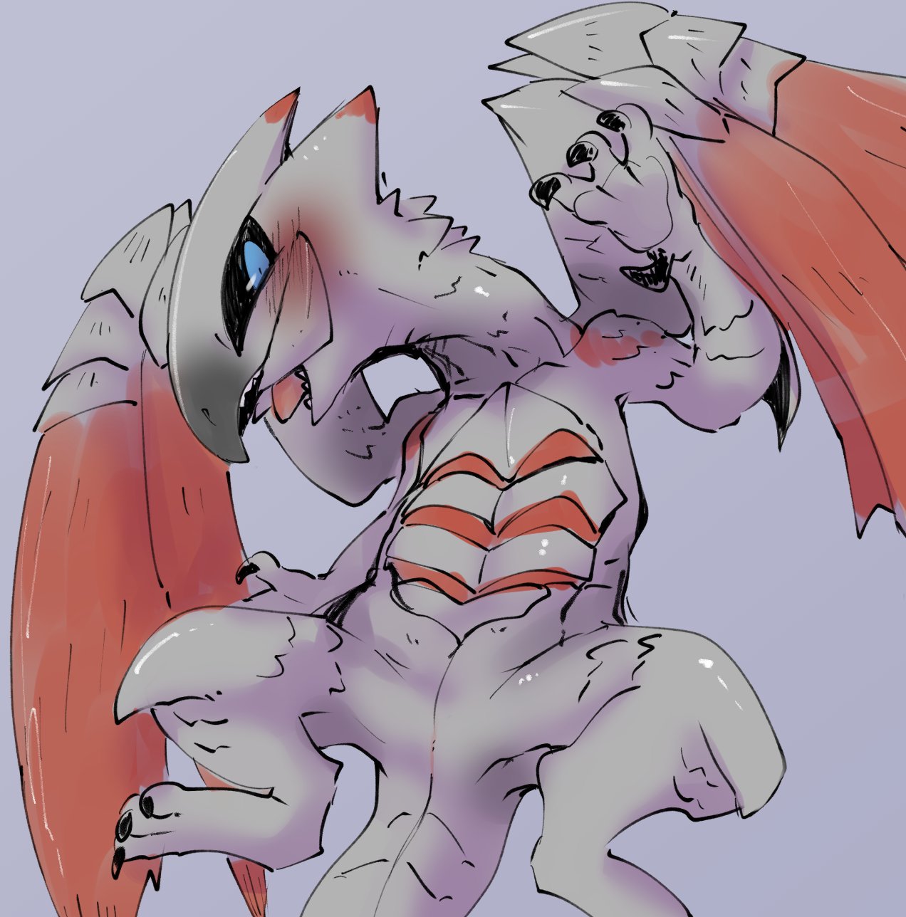 ambiguous_gender beak black_sclera blush capcom claws doneru elder_dragon fangs feral grey_background grey_body grey_scales hi_res looking_at_viewer lying monster_hunter on_back red_body red_scales scales simple_background solo spiked_wings spikes spread_legs spreading teeth valstrax