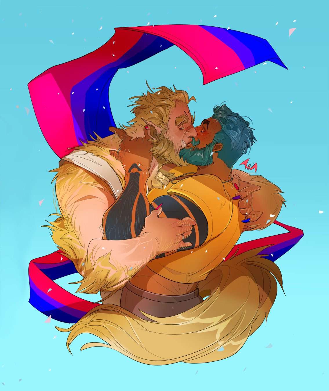 2boys arm_tattoo bara beard bisexual_flag blonde_hair blue_hair body_fur commission couple cropped_shirt cropped_torso dark-skinned_male dark_skin facial_hair fingernails flag_background freckles from_side full_beard hairy hand_hair highres huge_eyebrows husband_and_husband interracial jewelry kiss knuckle_hair lgbt_pride male_focus mature_male monster_boy multiple_boys multiple_rings muscular muscular_male original pejnt_(pejntboks) pointy_ears prehensile_tail profile ring second-party_source sharp_fingernails short_hair tail tail_around_another's_leg tank_top tattoo thick_arm_hair thick_back_hair thick_beard thick_chest_hair thick_eyebrows tusks very_hairy white_tank_top yaoi
