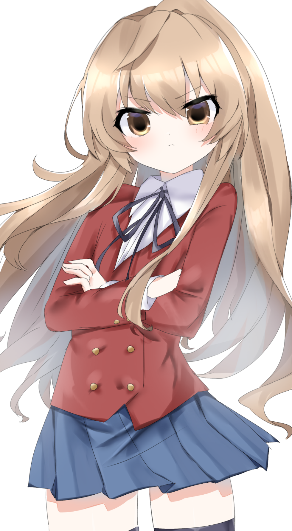 1girl aisaka_taiga black_ribbon black_thighhighs blazer blue_skirt brown_eyes brown_hair buttons closed_eyes closed_mouth collared_shirt commentary cowboy_shot crossed_arms double-breasted highres hiyoko_(96823534) jacket light_blush long_hair long_sleeves looking_at_viewer neck_ribbon oohashi_high_school_uniform pleated_skirt red_jacket ribbon school_uniform shirt simple_background skirt solo standing thighhighs toradora! white_background white_shirt zettai_ryouiki
