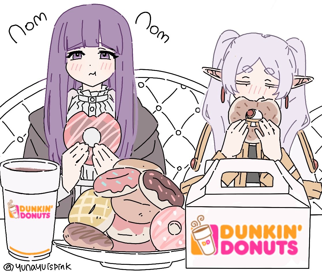 2girls black_robe capelet chair coffee coffee_cup cup dangle_earrings disposable_cup doughnut dress drop_earrings dunkin'_donuts earrings eating elf fern_(sousou_no_frieren) food frieren grey_hair holding_doughnut jewelry light_blush long_hair multiple_girls plate pointy_ears purple_eyes purple_hair robe sitting sousou_no_frieren twintails white_capelet white_dress yunayuispink