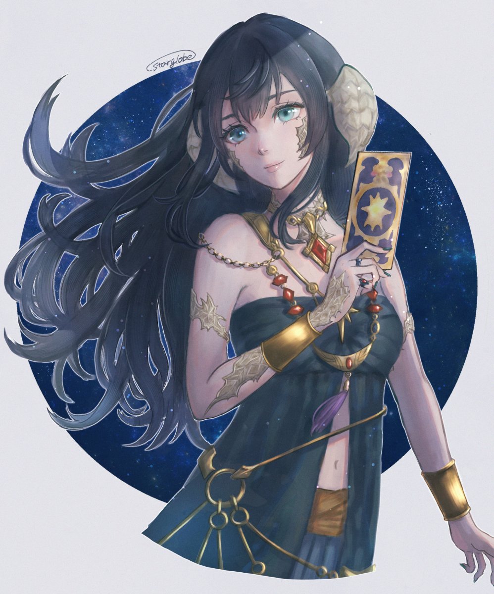 1girl astrologian_(final_fantasy) au_ra black_dress black_hair blue_skirt brown_sash card dragon_horns dress final_fantasy final_fantasy_xiv gem gold_bracelet highres holding holding_card horns jewelry long_hair looking_to_the_side navel necklace ring scales signature skirt solo starglobe starry_background strapless strapless_dress tarot tarot_(card) upper_body warrior_of_light_(ff14)